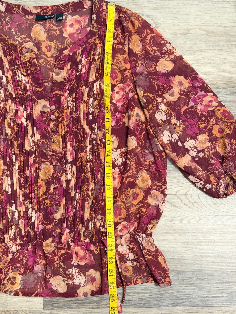 a.n.a Burgundy Floral Pintuck Blouse with Pink and Gold - Picture 7 of 8